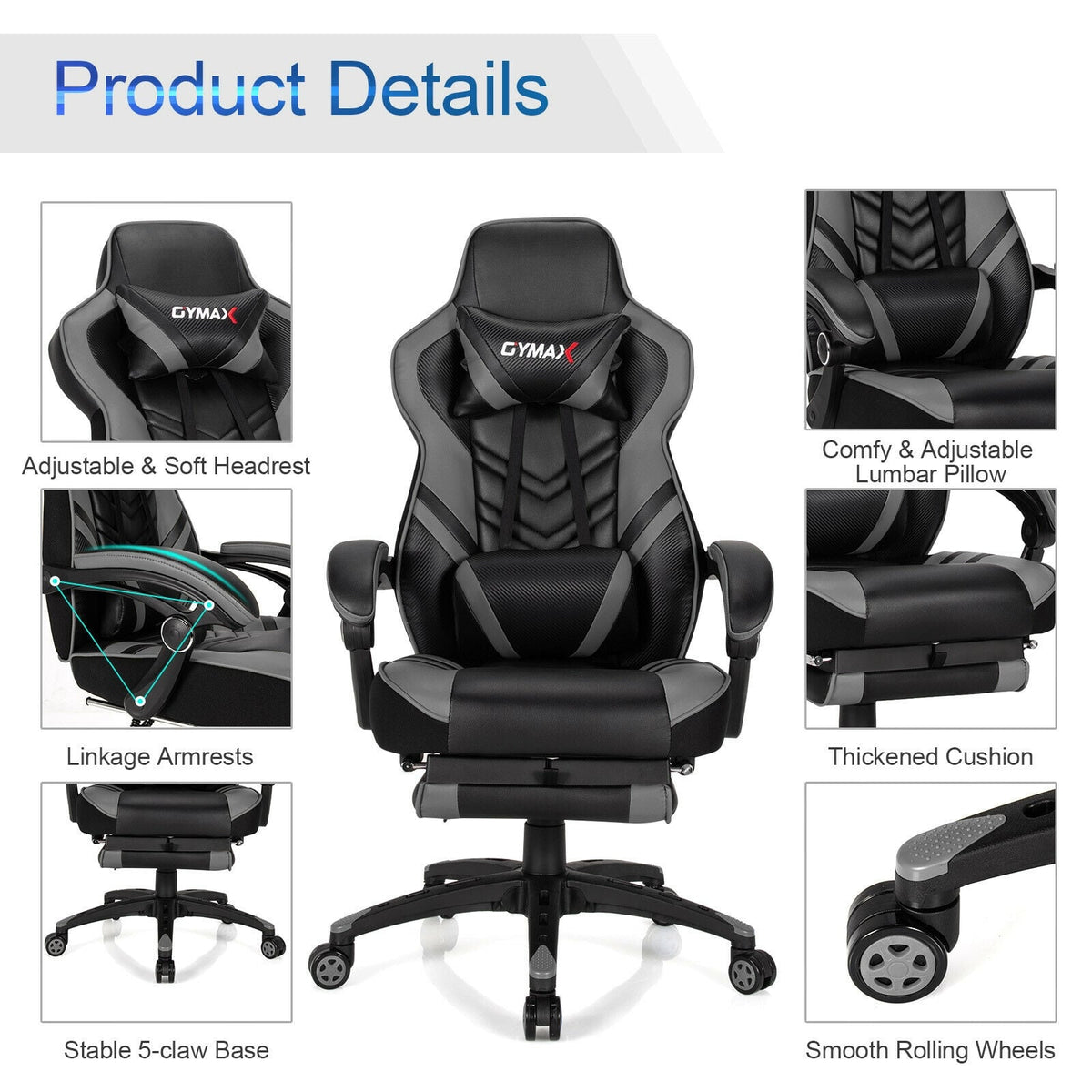 Adjustable Gaming Chair with Footrest for Home Office-Gray-Gaming Chairs-DECOROLALA