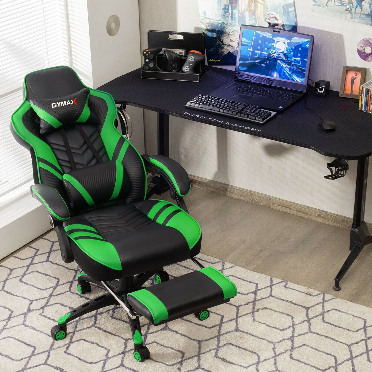 Adjustable Gaming Chair with Footrest for Home Office-Green-Gaming Chairs-DECOROLALA
