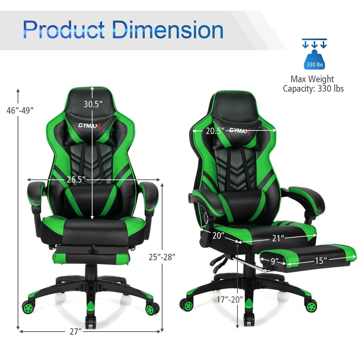 Adjustable Gaming Chair with Footrest for Home Office-Green-Gaming Chairs-DECOROLALA