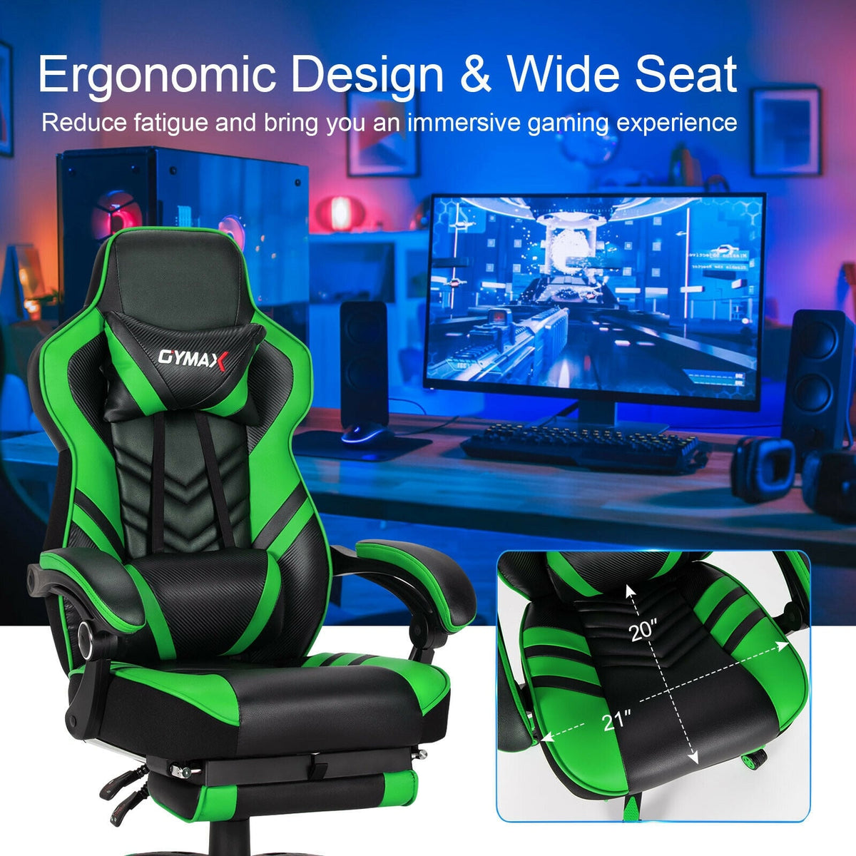 Adjustable Gaming Chair with Footrest for Home Office-Green-Gaming Chairs-DECOROLALA