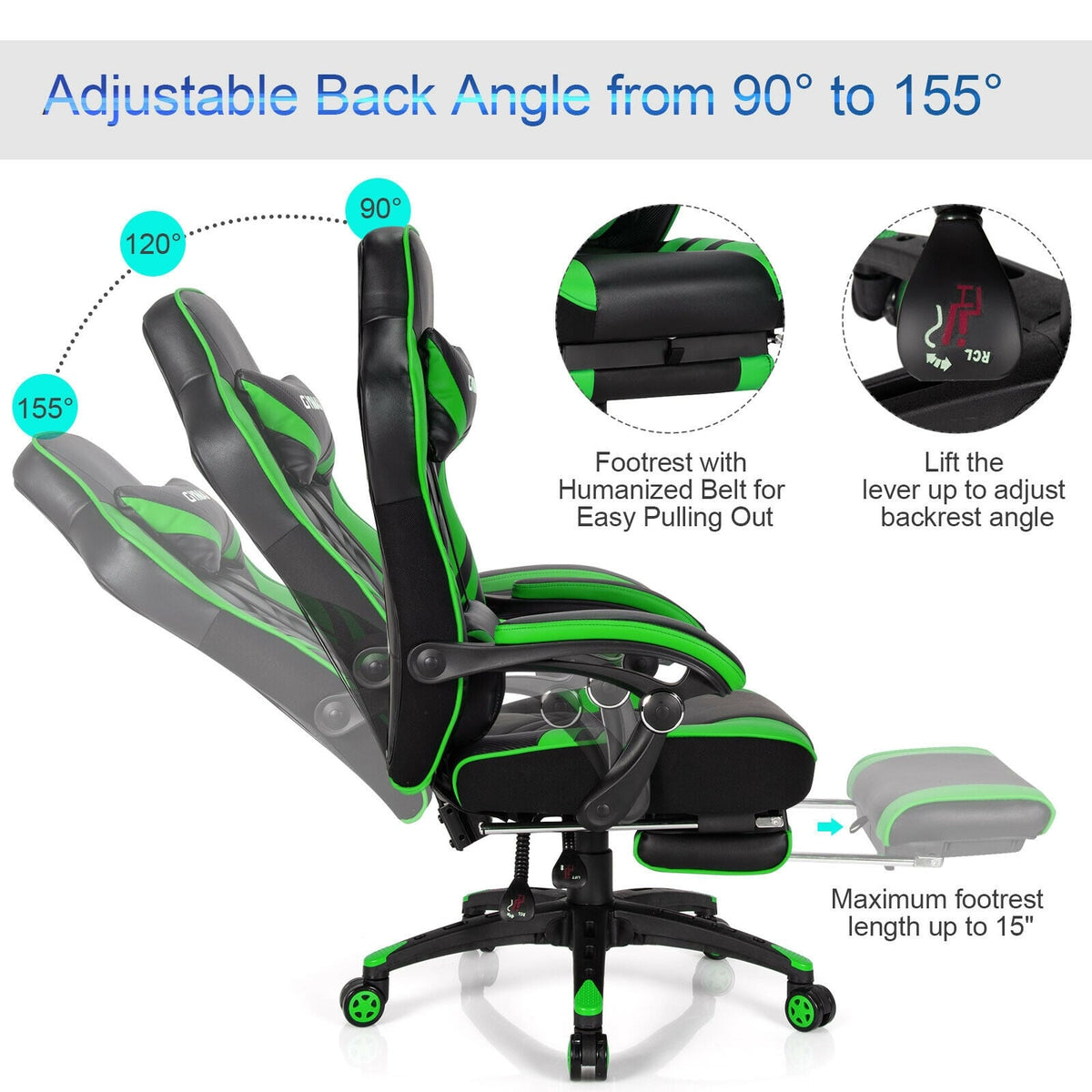 Adjustable Gaming Chair with Footrest for Home Office-Green-Gaming Chairs-DECOROLALA