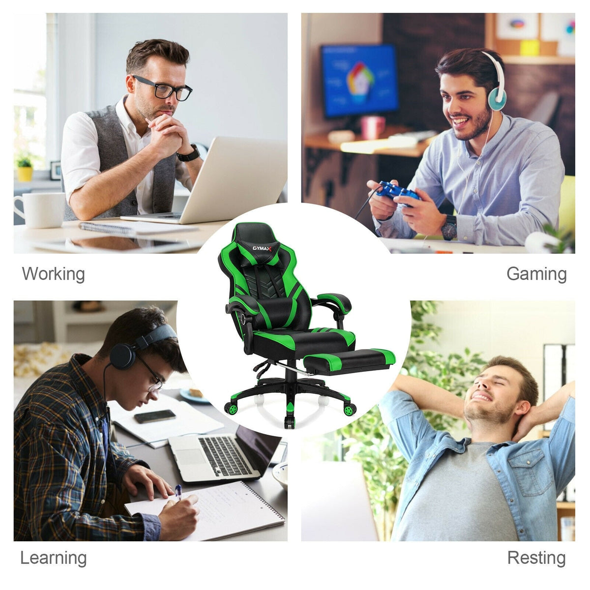 Adjustable Gaming Chair with Footrest for Home Office-Green-Gaming Chairs-DECOROLALA