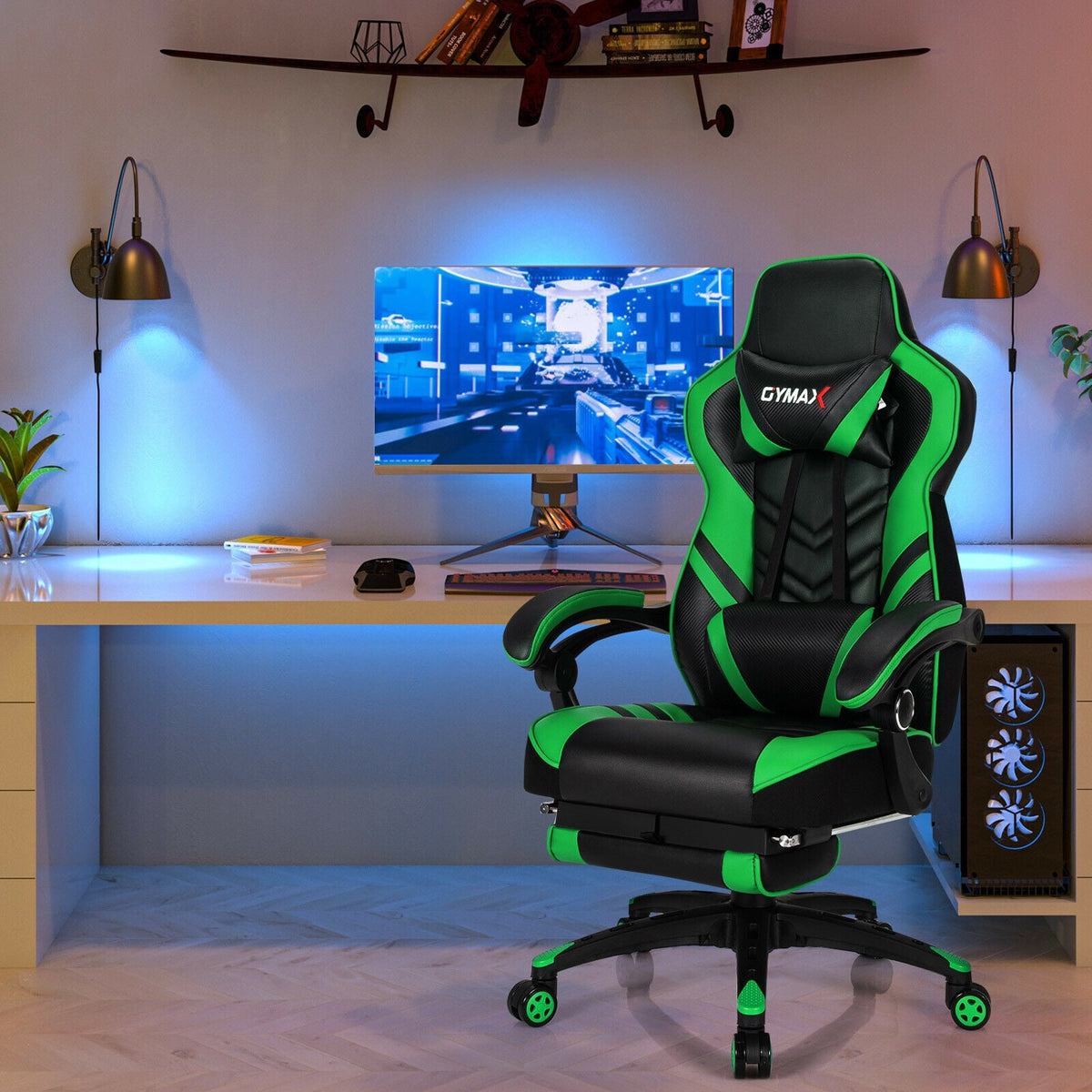 Adjustable Gaming Chair with Footrest for Home Office-Green-Gaming Chairs-DECOROLALA