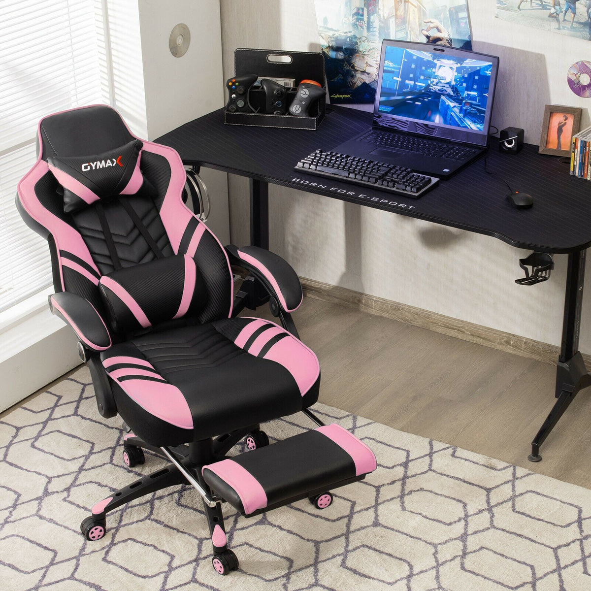 Adjustable Gaming Chair with Footrest for Home Office-Pink-Gaming Chairs-DECOROLALA