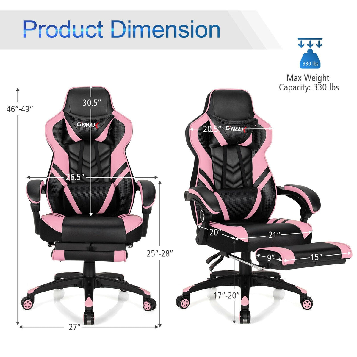 Adjustable Gaming Chair with Footrest for Home Office-Pink-Gaming Chairs-DECOROLALA