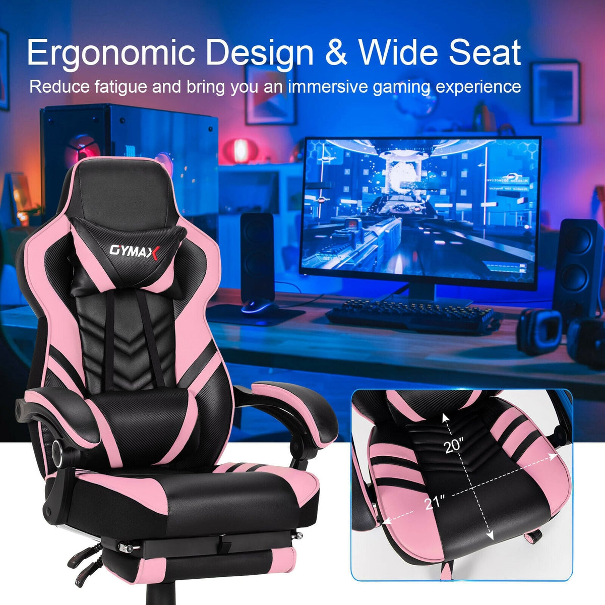 Adjustable Gaming Chair with Footrest for Home Office-Pink-Gaming Chairs-DECOROLALA