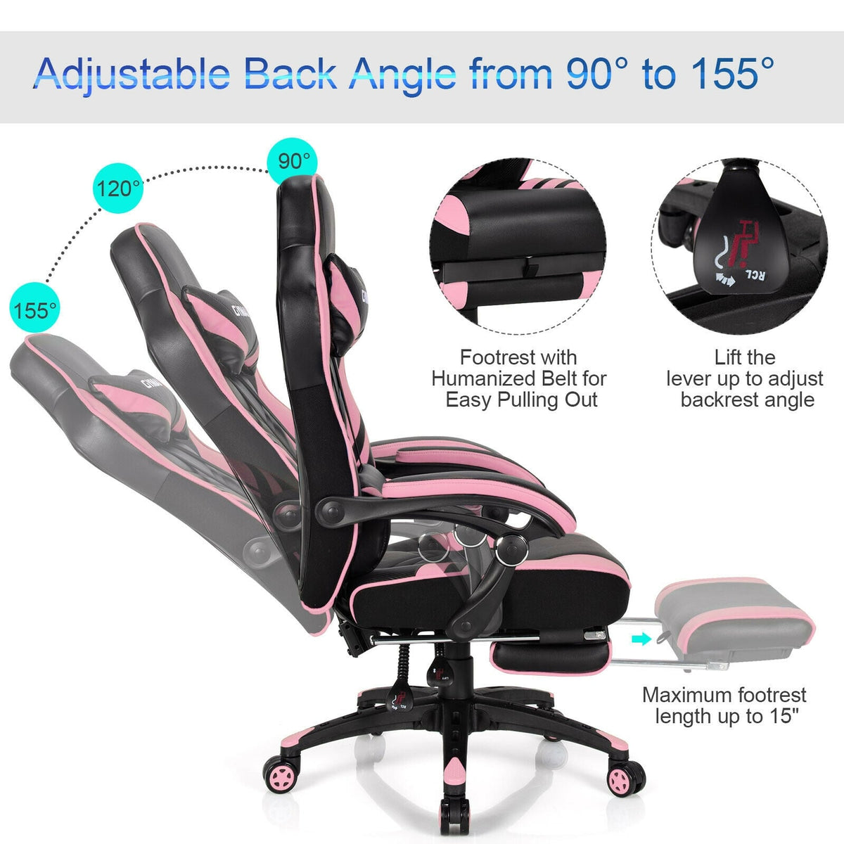 Adjustable Gaming Chair with Footrest for Home Office-Pink-Gaming Chairs-DECOROLALA