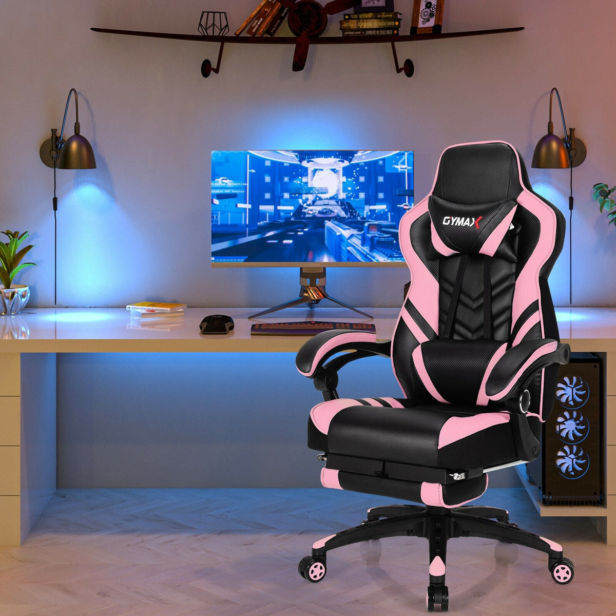 Adjustable Gaming Chair with Footrest for Home Office-Pink-Gaming Chairs-DECOROLALA
