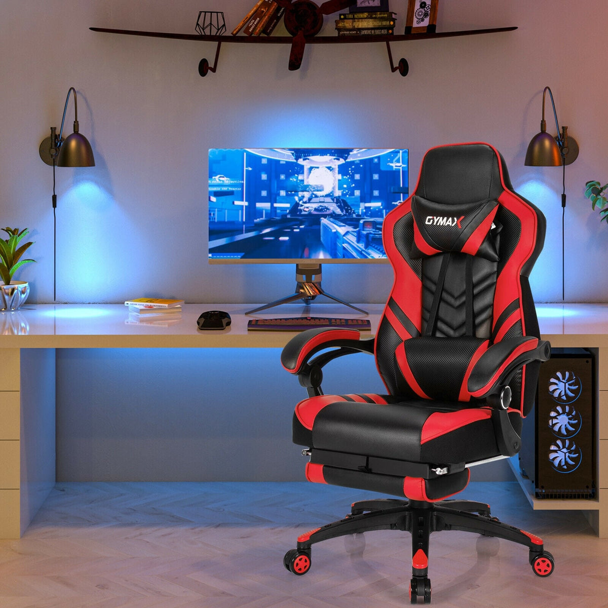 Adjustable Gaming Chair with Footrest for Home Office-Red-Gaming Chairs-DECOROLALA