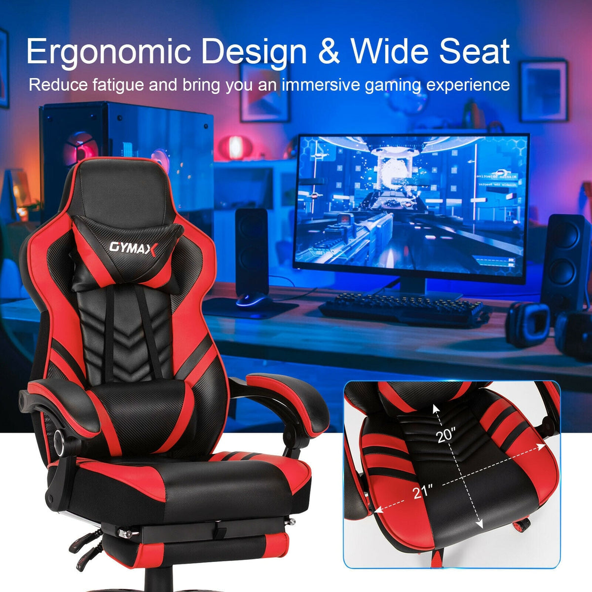Adjustable Gaming Chair with Footrest for Home Office-Red-Gaming Chairs-DECOROLALA