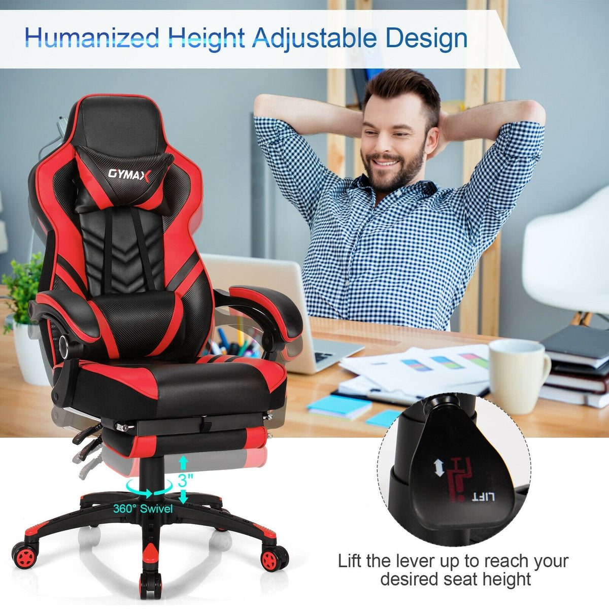 Adjustable Gaming Chair with Footrest for Home Office-Red-Gaming Chairs-DECOROLALA