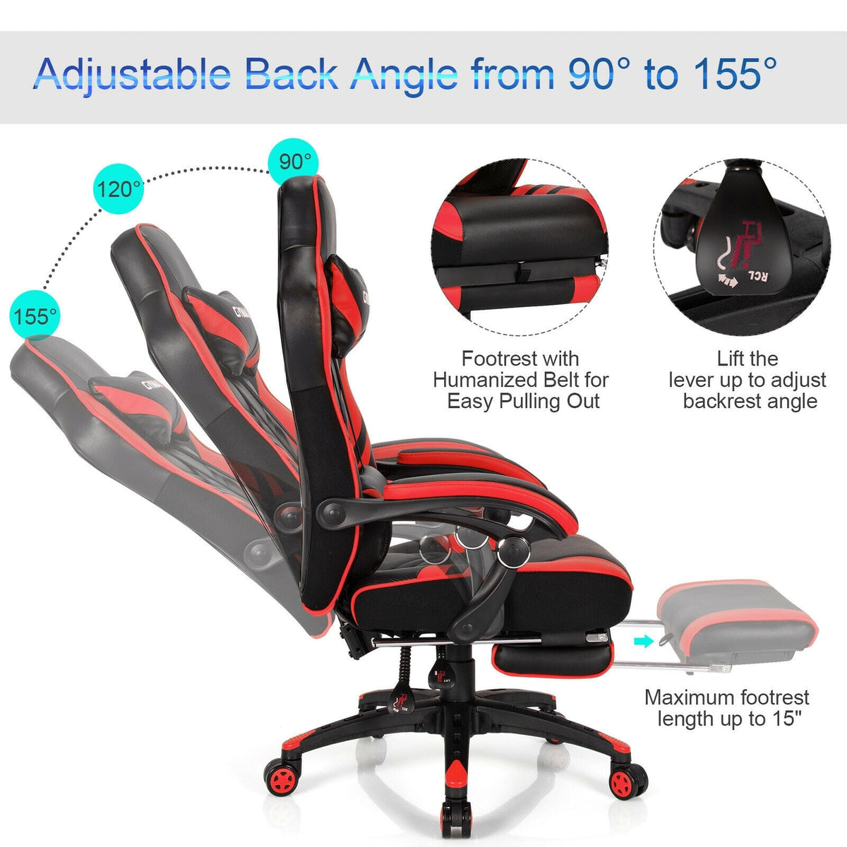 Adjustable Gaming Chair with Footrest for Home Office-Red-Gaming Chairs-DECOROLALA