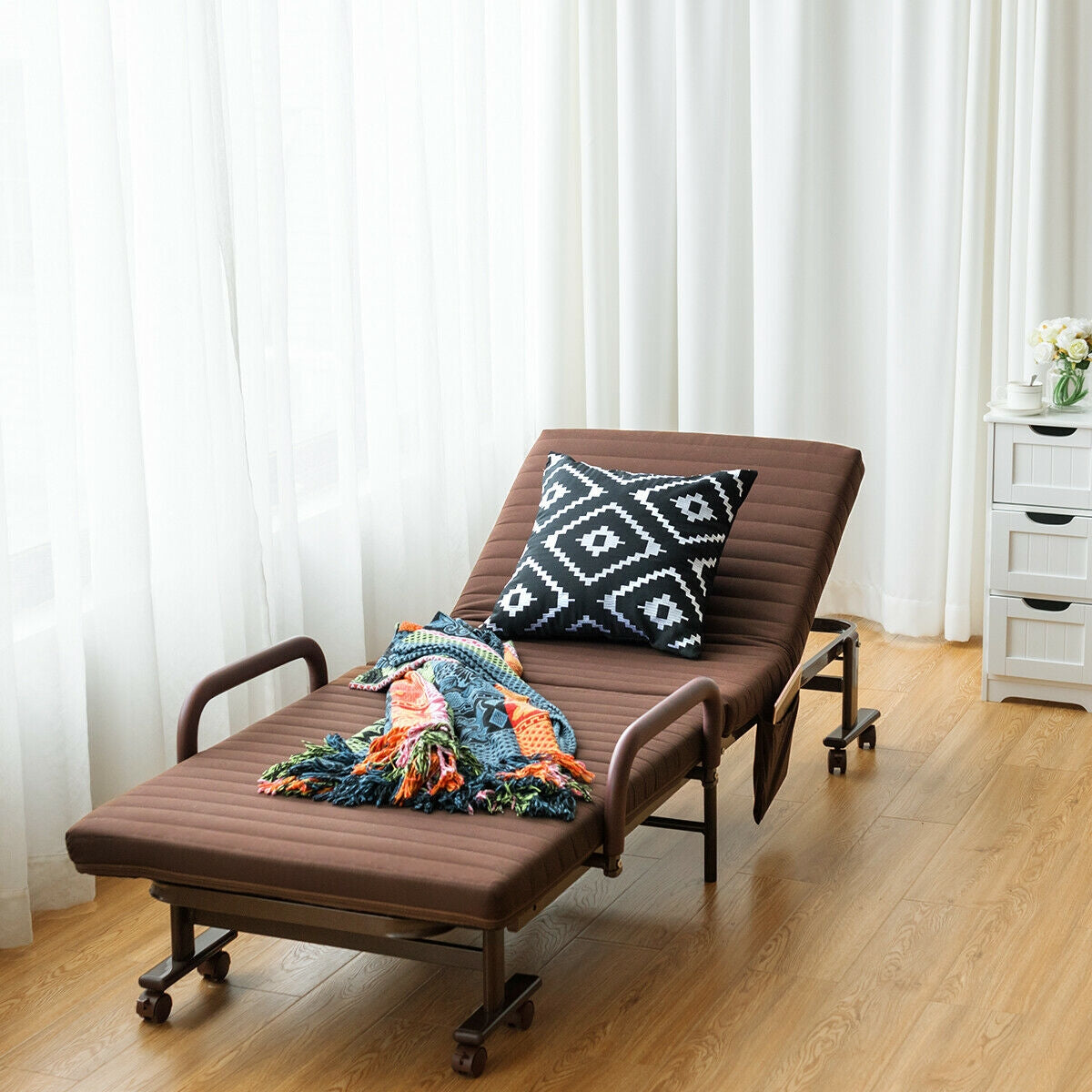 Adjustable Guest Single Bed Lounge Portable Wheels-Brown-Folding Beds-DECOROLALA