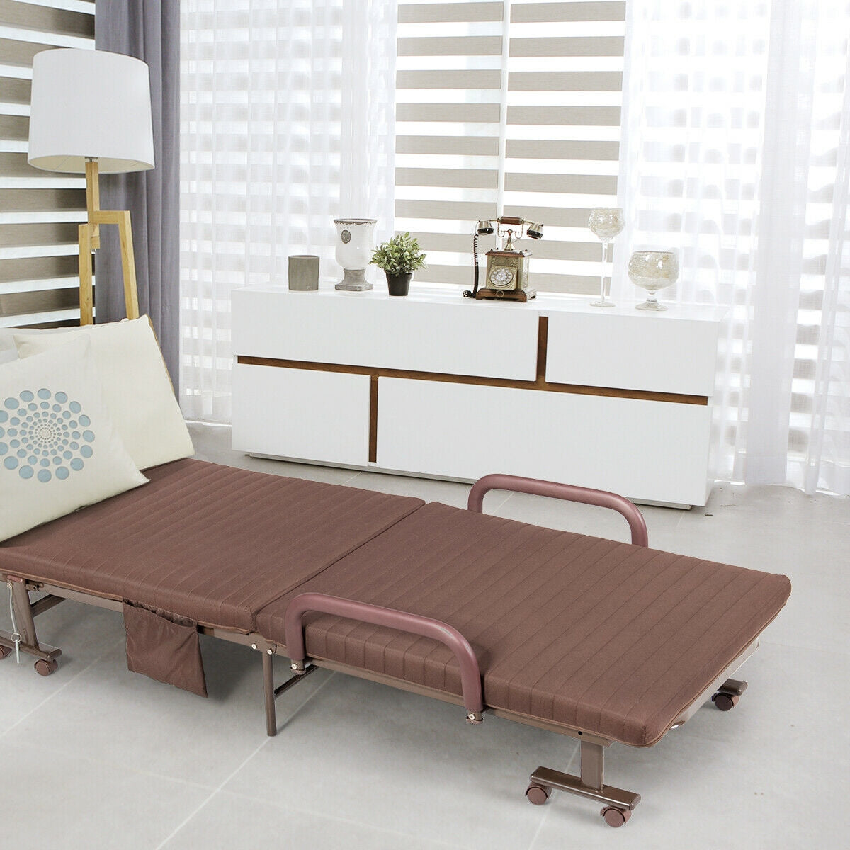 Adjustable Guest Single Bed Lounge Portable Wheels-Brown-Folding Beds-DECOROLALA