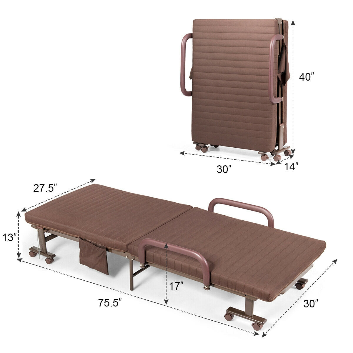 Adjustable Guest Single Bed Lounge Portable Wheels-Brown-Folding Beds-DECOROLALA
