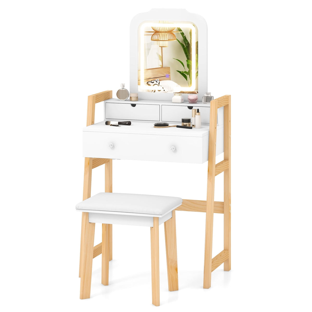 Adjustable Height Vanity Desk Set with 3-Color LED Lighted Mirror and Drawers-White-Makeup Vanities-DECOROLALA