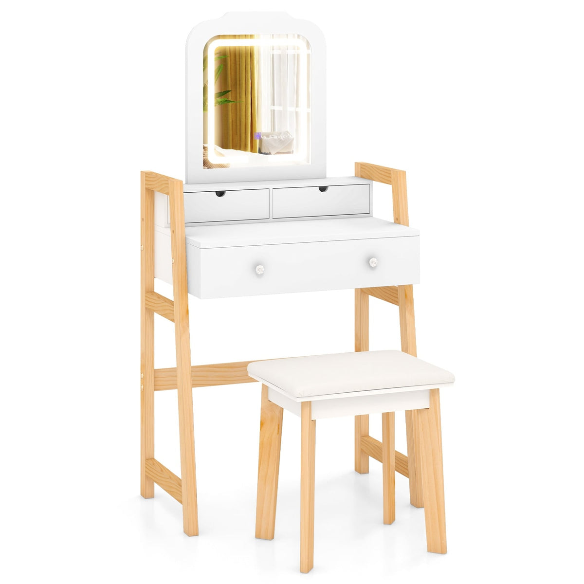 Adjustable Height Vanity Desk Set with 3-Color LED Lighted Mirror and Drawers-White-Makeup Vanities-DECOROLALA