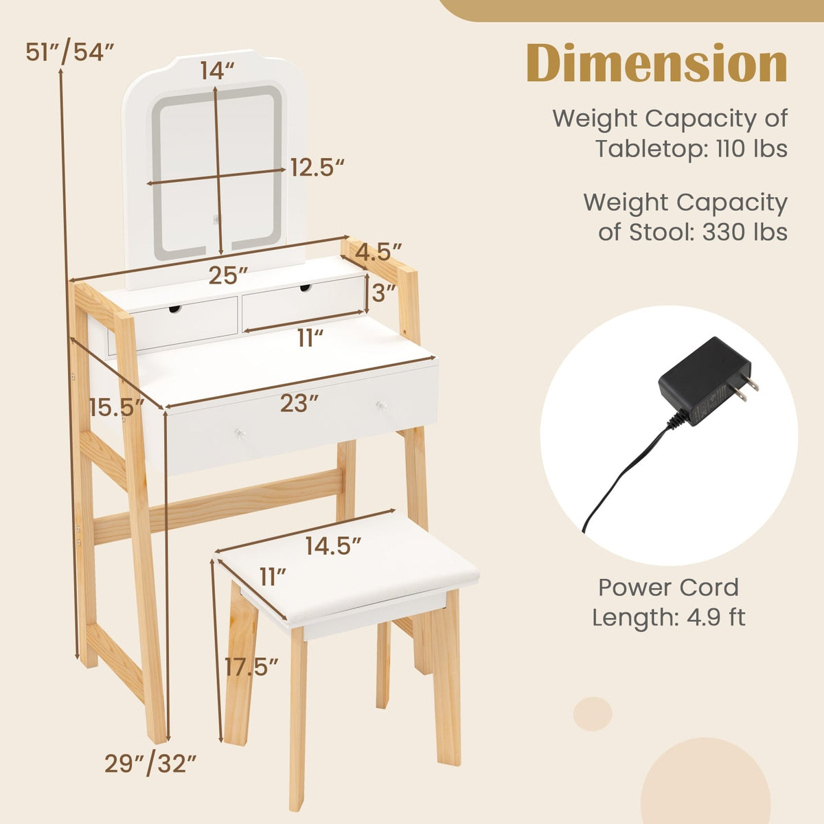 Adjustable Height Vanity Desk Set with 3-Color LED Lighted Mirror and Drawers-White-Makeup Vanities-DECOROLALA