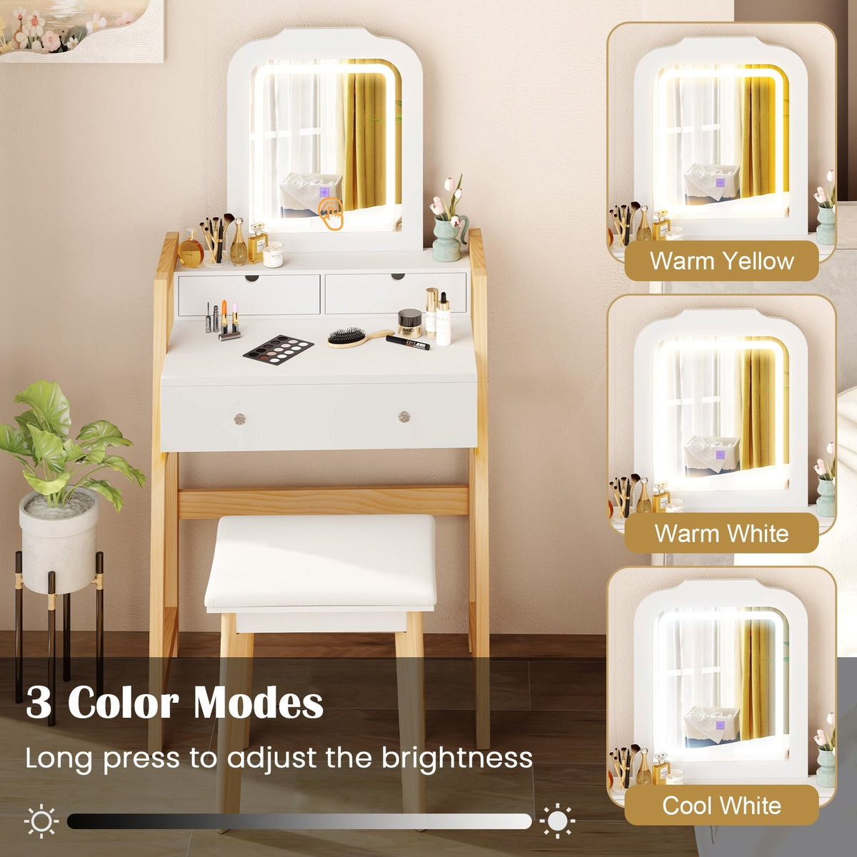Adjustable Height Vanity Desk Set with 3-Color LED Lighted Mirror and Drawers-White-Makeup Vanities-DECOROLALA