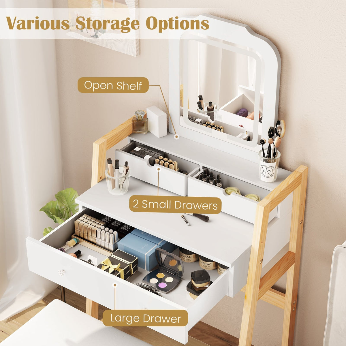 Adjustable Height Vanity Desk Set with 3-Color LED Lighted Mirror and Drawers-White-Makeup Vanities-DECOROLALA