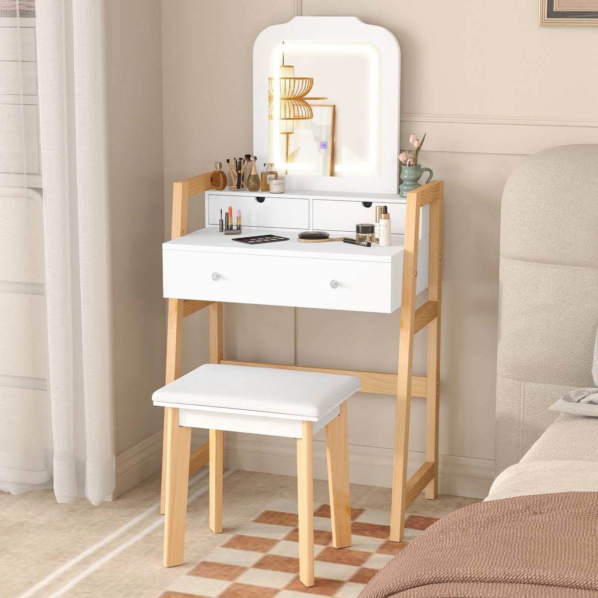 Adjustable Height Vanity Desk Set with 3-Color LED Lighted Mirror and Drawers-White-Makeup Vanities-DECOROLALA