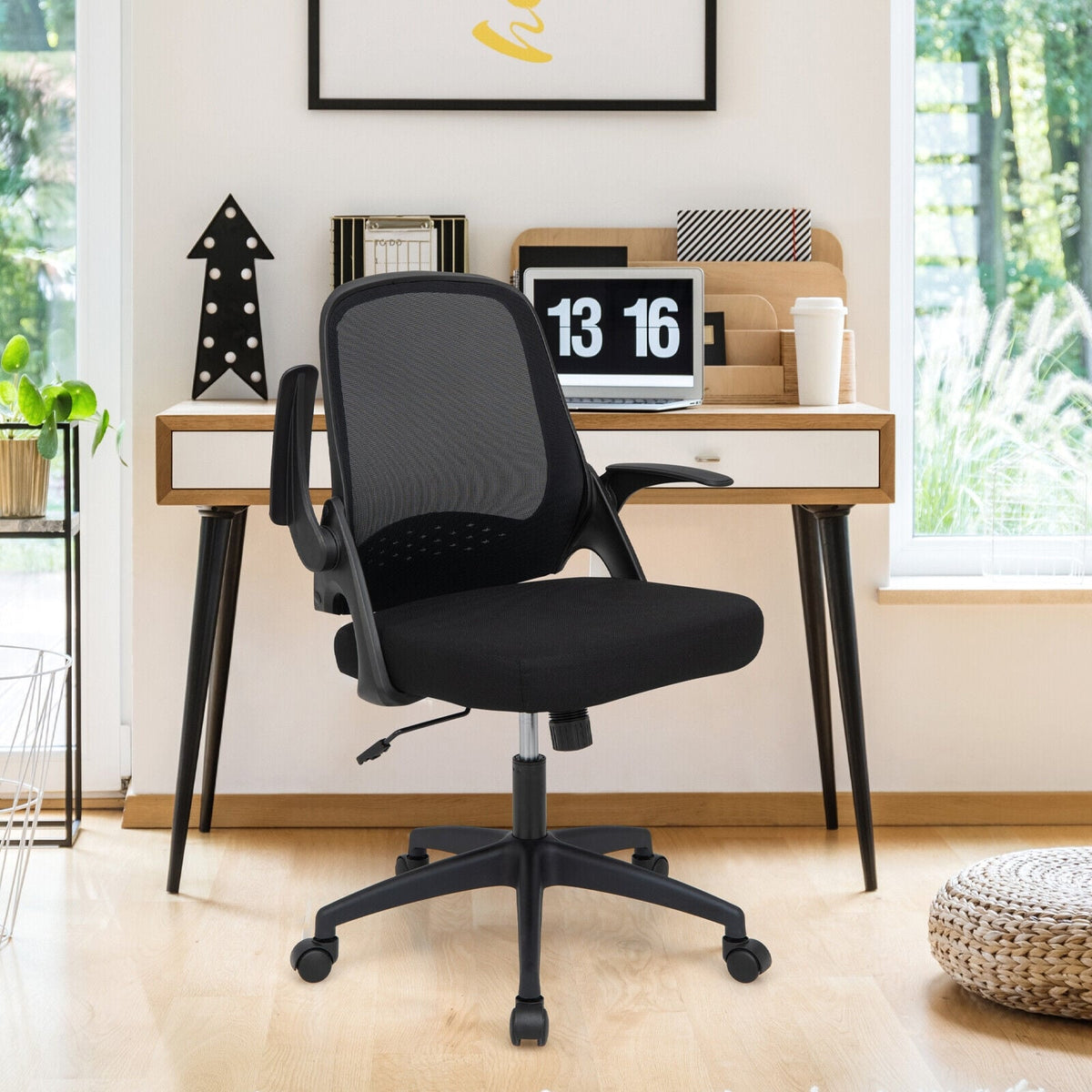 Adjustable Mesh Office Chair Rolling Computer Desk Chair with Flip-up Armrest-Black-Mesh Office Chairs-DECOROLALA