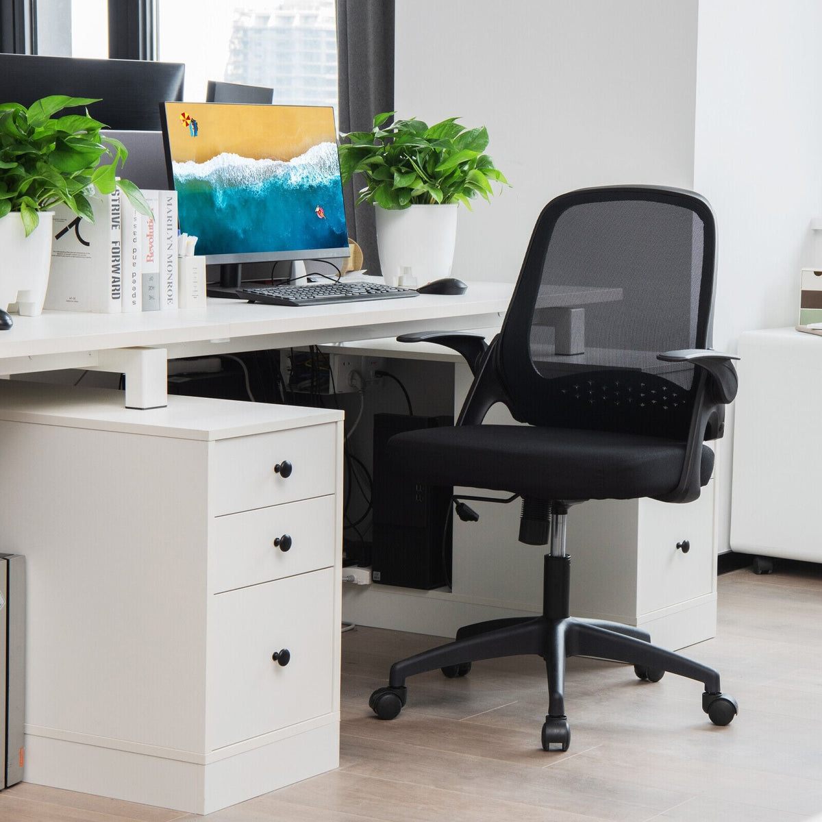 Adjustable Mesh Office Chair Rolling Computer Desk Chair with Flip-up Armrest-Black-Mesh Office Chairs-DECOROLALA