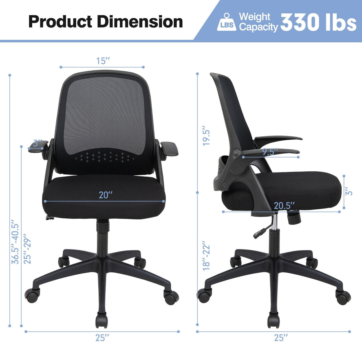 Adjustable Mesh Office Chair Rolling Computer Desk Chair with Flip-up Armrest-Black-Mesh Office Chairs-DECOROLALA