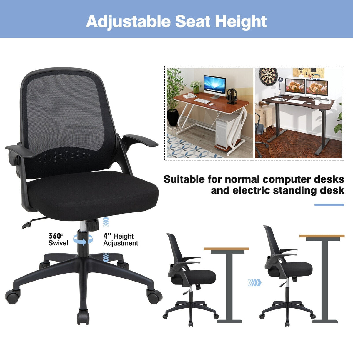 Adjustable Mesh Office Chair Rolling Computer Desk Chair with Flip-up Armrest-Black-Mesh Office Chairs-DECOROLALA