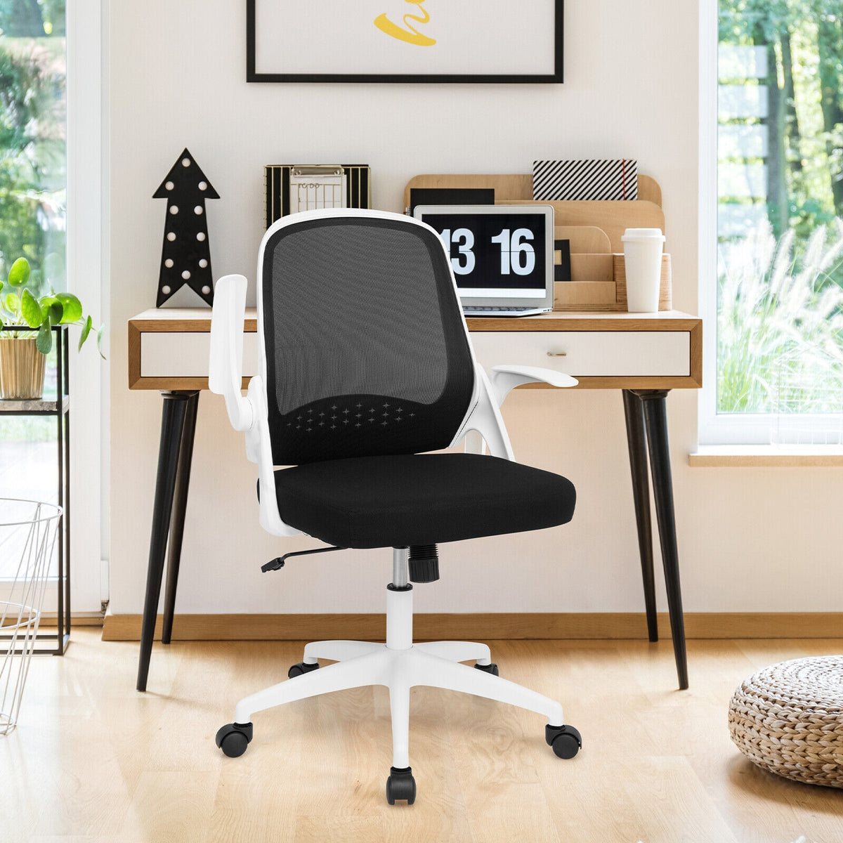 Adjustable Mesh Office Chair Rolling Computer Desk Chair with Flip-up Armrest-White-Mesh Office Chairs-DECOROLALA