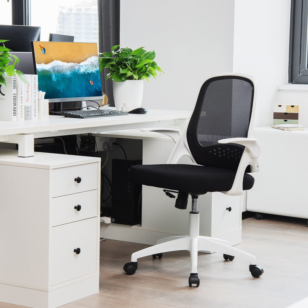 Adjustable Mesh Office Chair Rolling Computer Desk Chair with Flip-up Armrest-White-Mesh Office Chairs-DECOROLALA