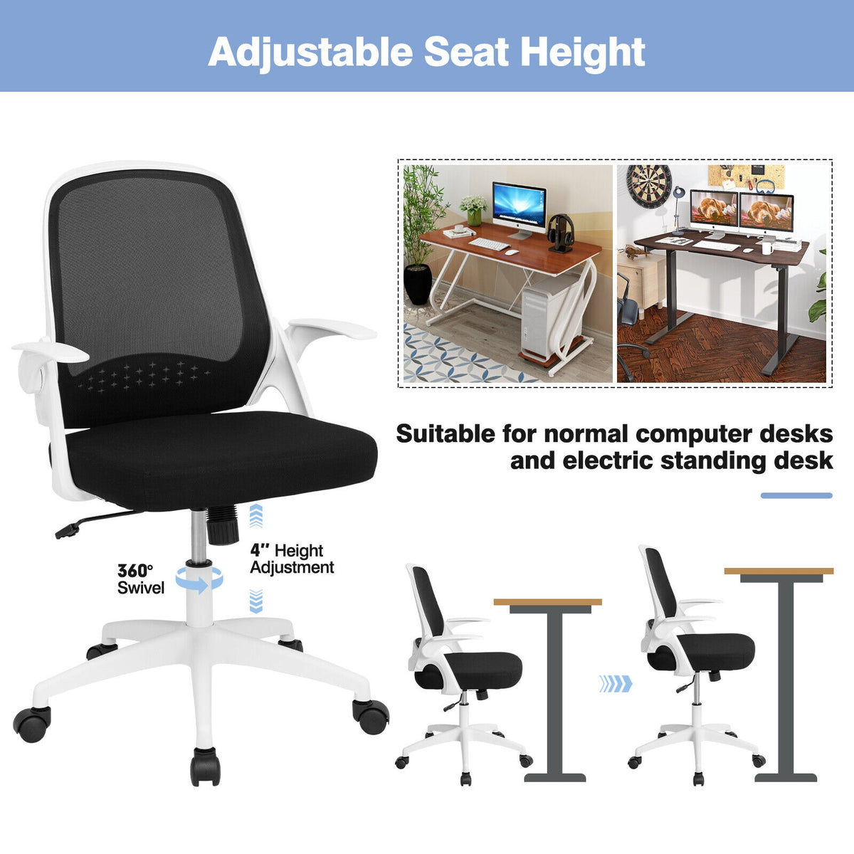 Adjustable Mesh Office Chair Rolling Computer Desk Chair with Flip-up Armrest-White-Mesh Office Chairs-DECOROLALA