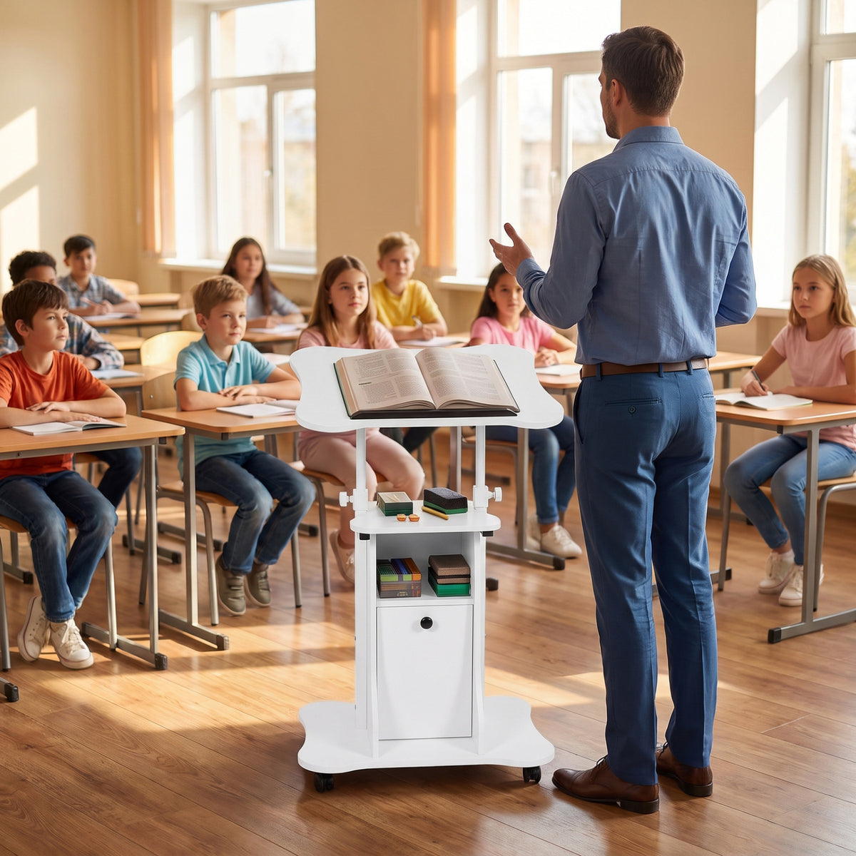 Adjustable Mobile Standing Desk Cart with Tilt Desktop and Cabinet-White-Laptop Tables & Printer Stands-DECOROLALA