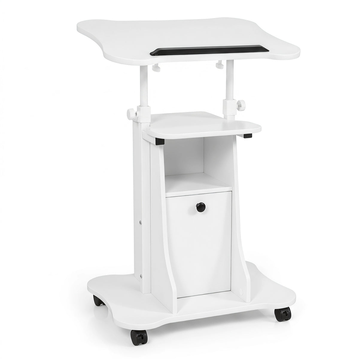 Adjustable Mobile Standing Desk Cart with Tilt Desktop and Cabinet-White-Laptop Tables & Printer Stands-DECOROLALA