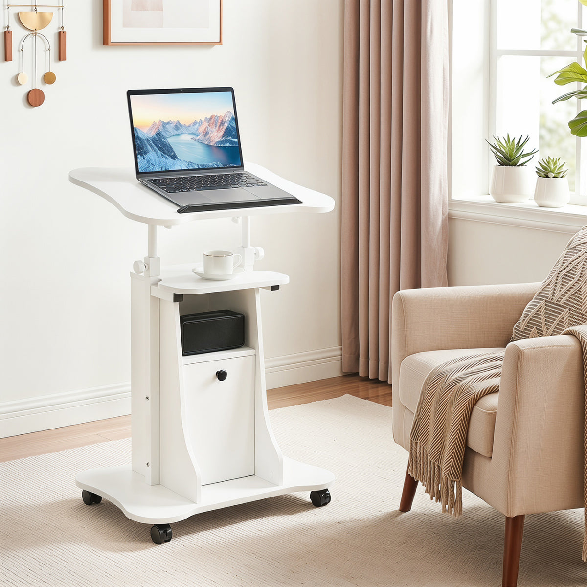 Adjustable Mobile Standing Desk Cart with Tilt Desktop and Cabinet-White-Laptop Tables & Printer Stands-DECOROLALA