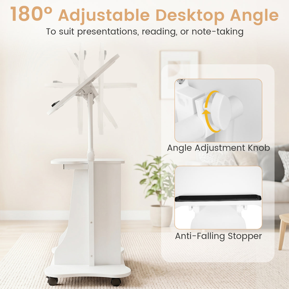 Adjustable Mobile Standing Desk Cart with Tilt Desktop and Cabinet-White-Laptop Tables & Printer Stands-DECOROLALA