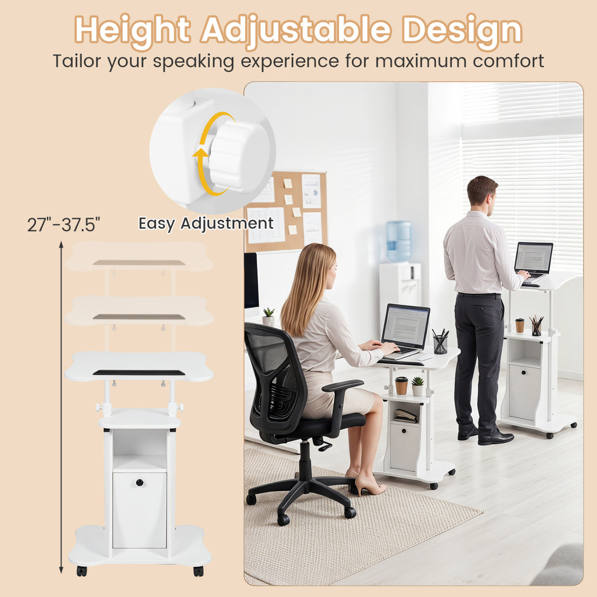 Adjustable Mobile Standing Desk Cart with Tilt Desktop and Cabinet-White-Laptop Tables & Printer Stands-DECOROLALA