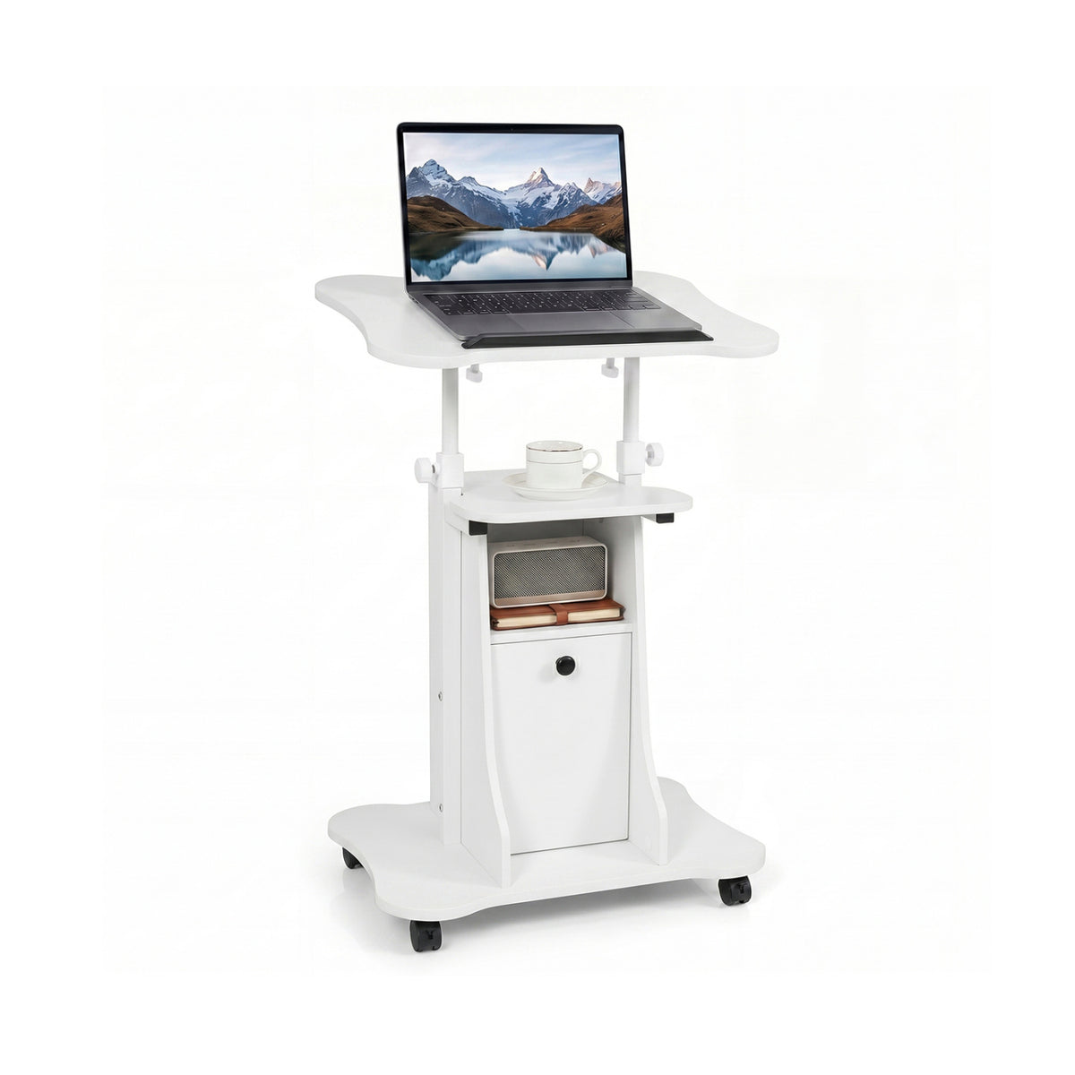 Adjustable Mobile Standing Desk Cart with Tilt Desktop and Cabinet-White-Laptop Tables & Printer Stands-DECOROLALA