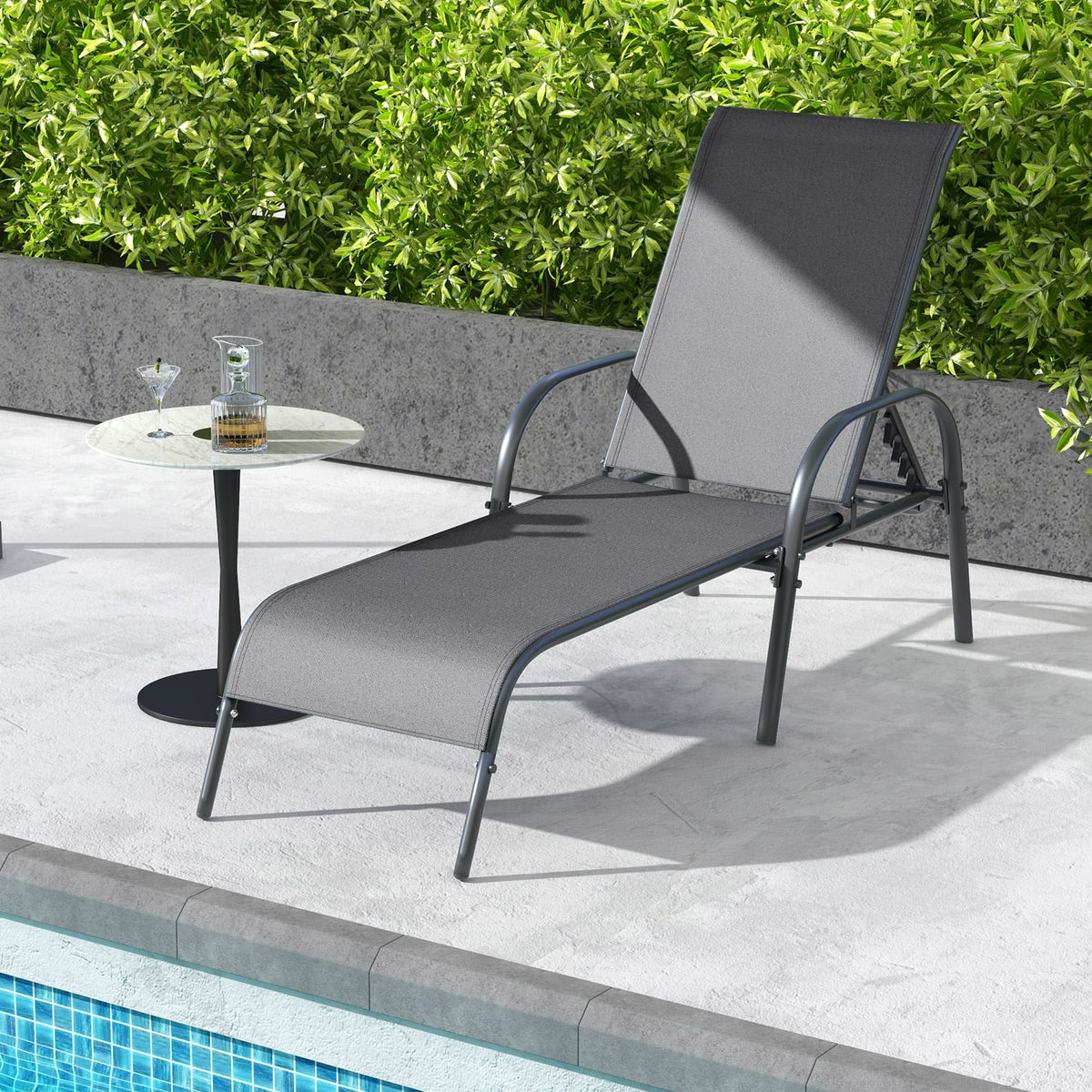 Adjustable Patio Chaise Folding Lounge Chair with Backrest-Dark Gray-Outdoor Chaise Lounges-DECOROLALA