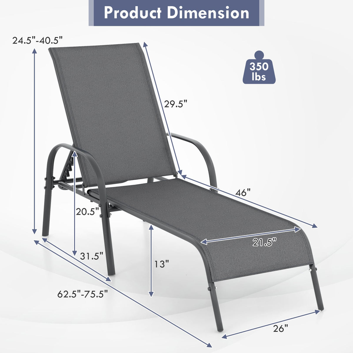 Adjustable Patio Chaise Folding Lounge Chair with Backrest-Dark Gray-Outdoor Chaise Lounges-DECOROLALA