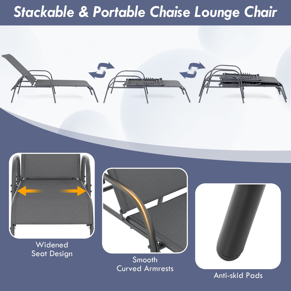 Adjustable Patio Chaise Folding Lounge Chair with Backrest-Dark Gray-Outdoor Chaise Lounges-DECOROLALA