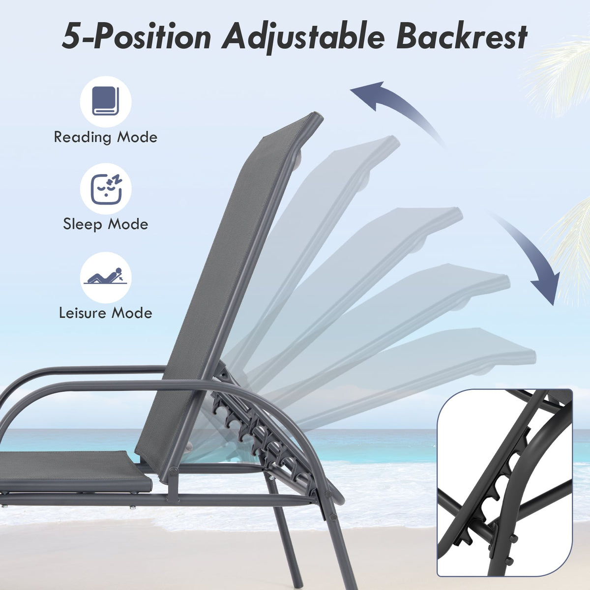 Adjustable Patio Chaise Folding Lounge Chair with Backrest-Dark Gray-Outdoor Chaise Lounges-DECOROLALA