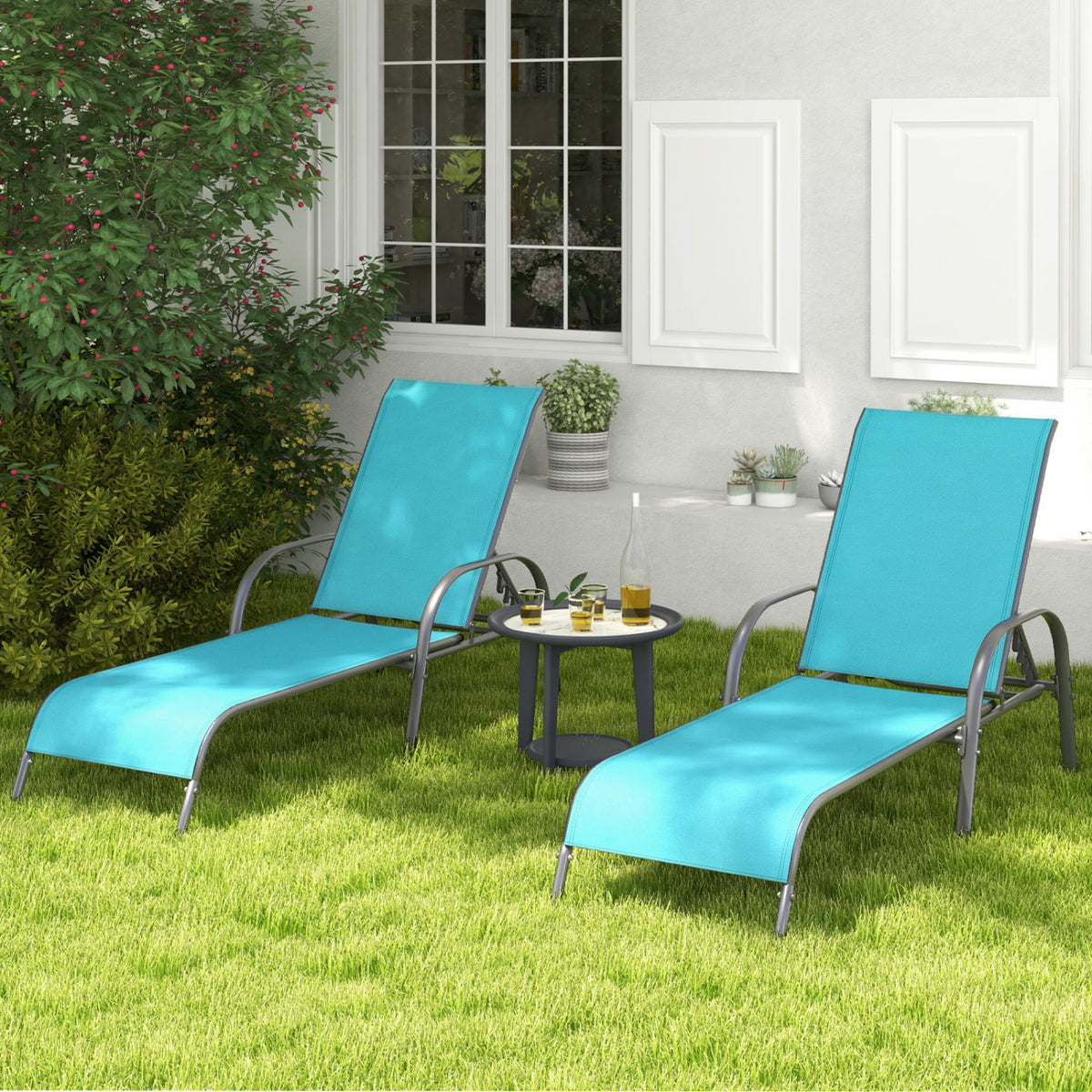 Adjustable Patio Chaise Folding Lounge Chair with Backrest-Turquoise-Outdoor Chaise Lounges-DECOROLALA