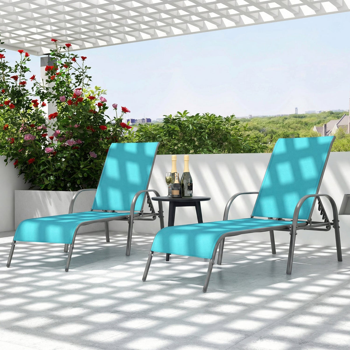 Adjustable Patio Chaise Folding Lounge Chair with Backrest-Turquoise-Outdoor Chaise Lounges-DECOROLALA