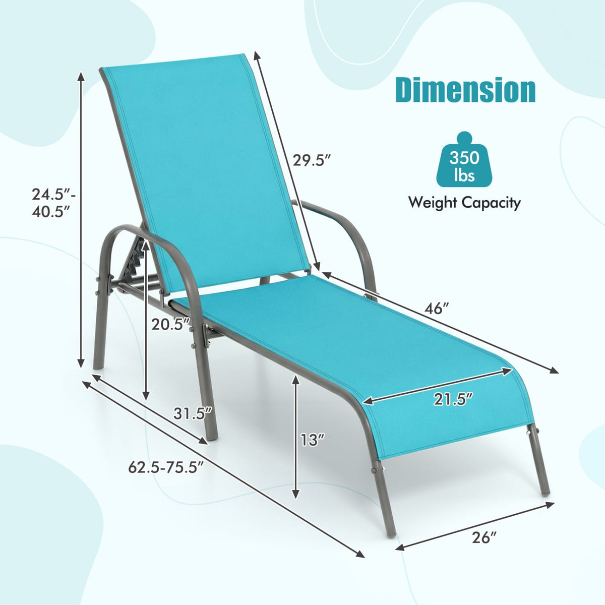 Adjustable Patio Chaise Folding Lounge Chair with Backrest-Turquoise-Outdoor Chaise Lounges-DECOROLALA