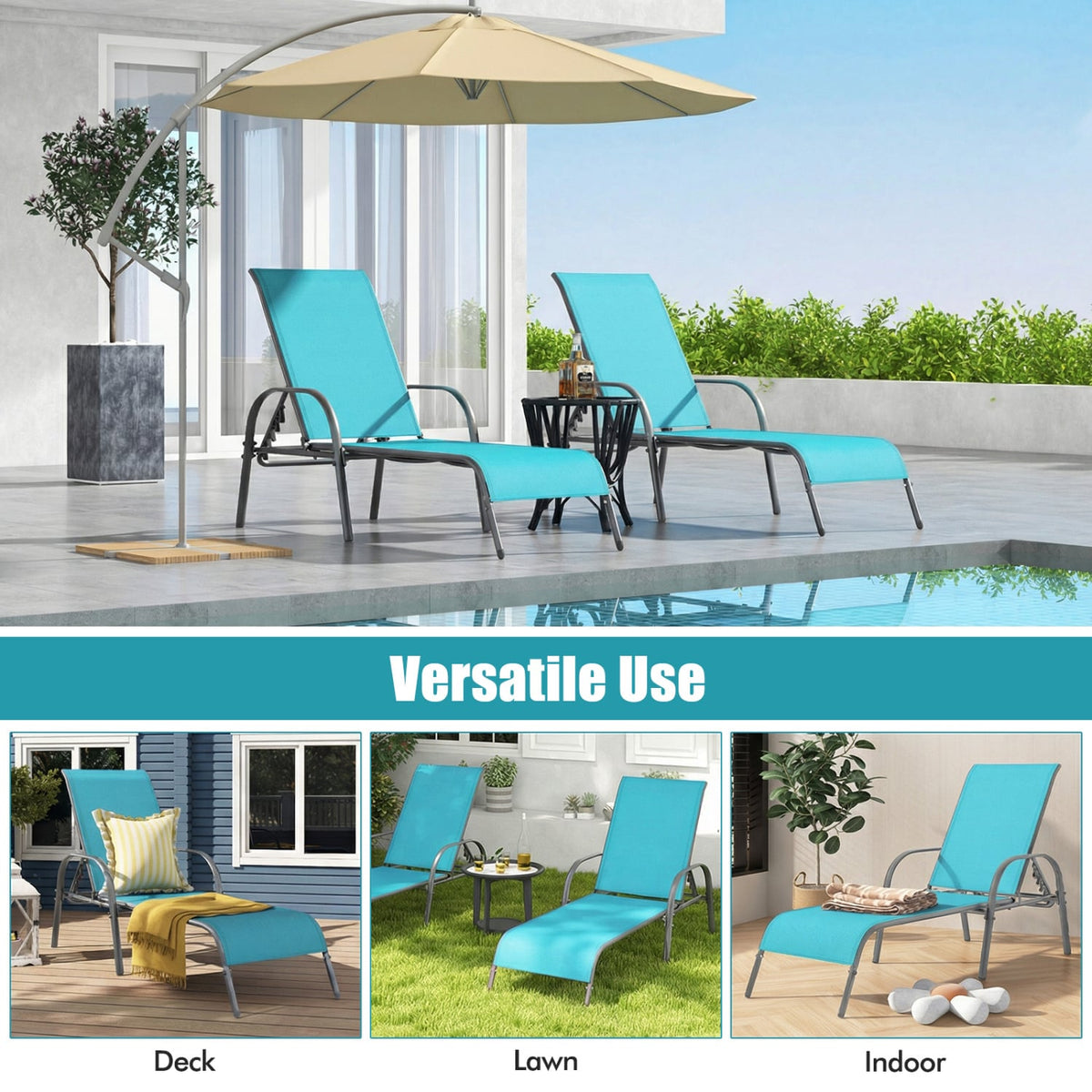 Adjustable Patio Chaise Folding Lounge Chair with Backrest-Turquoise-Outdoor Chaise Lounges-DECOROLALA