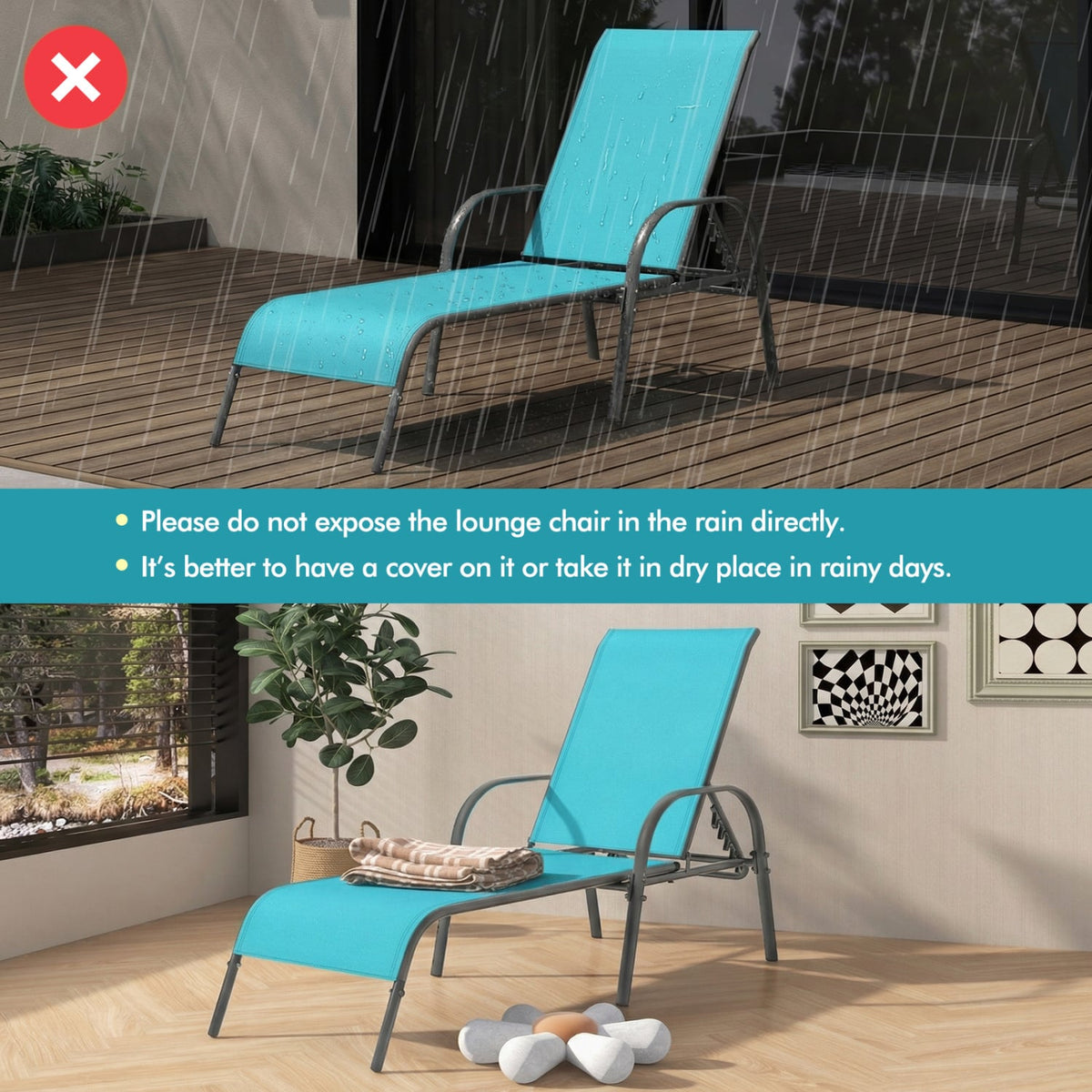 Adjustable Patio Chaise Folding Lounge Chair with Backrest-Turquoise-Outdoor Chaise Lounges-DECOROLALA