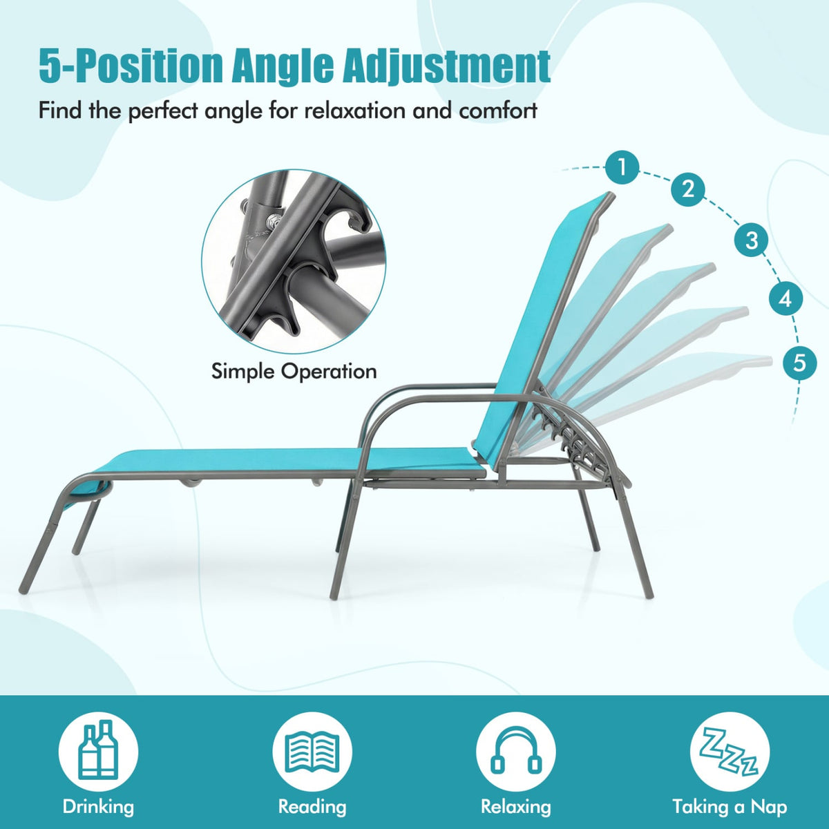 Adjustable Patio Chaise Folding Lounge Chair with Backrest-Turquoise-Outdoor Chaise Lounges-DECOROLALA
