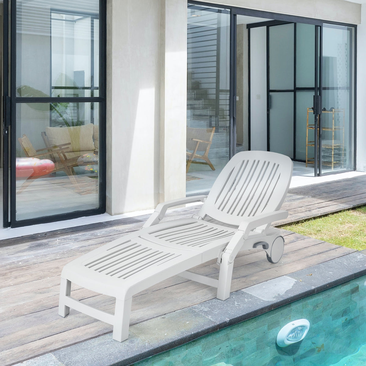 Adjustable Patio Sun Lounger with Weather Resistant Wheels-White-Outdoor Chaise Lounges-DECOROLALA