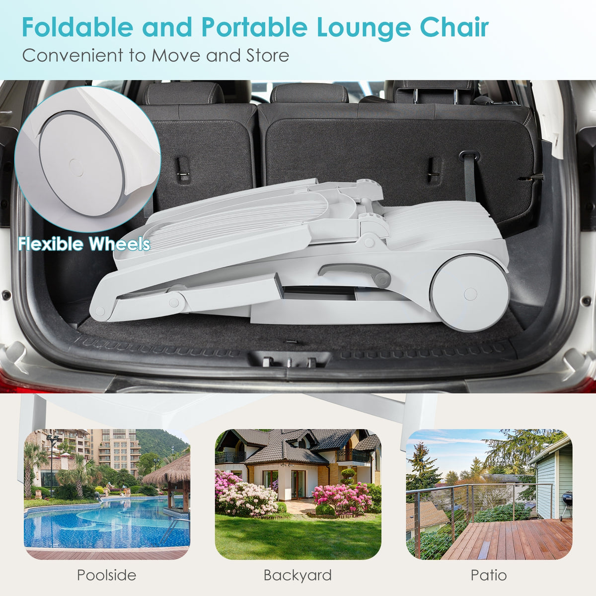 Adjustable Patio Sun Lounger with Weather Resistant Wheels-White-Outdoor Chaise Lounges-DECOROLALA